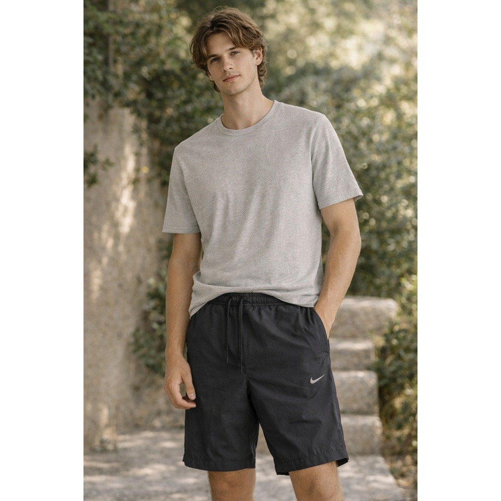 Nike Mens Black Cotton Nylon Blend Athletic Shorts Medium Drawstring Swoosh Logo